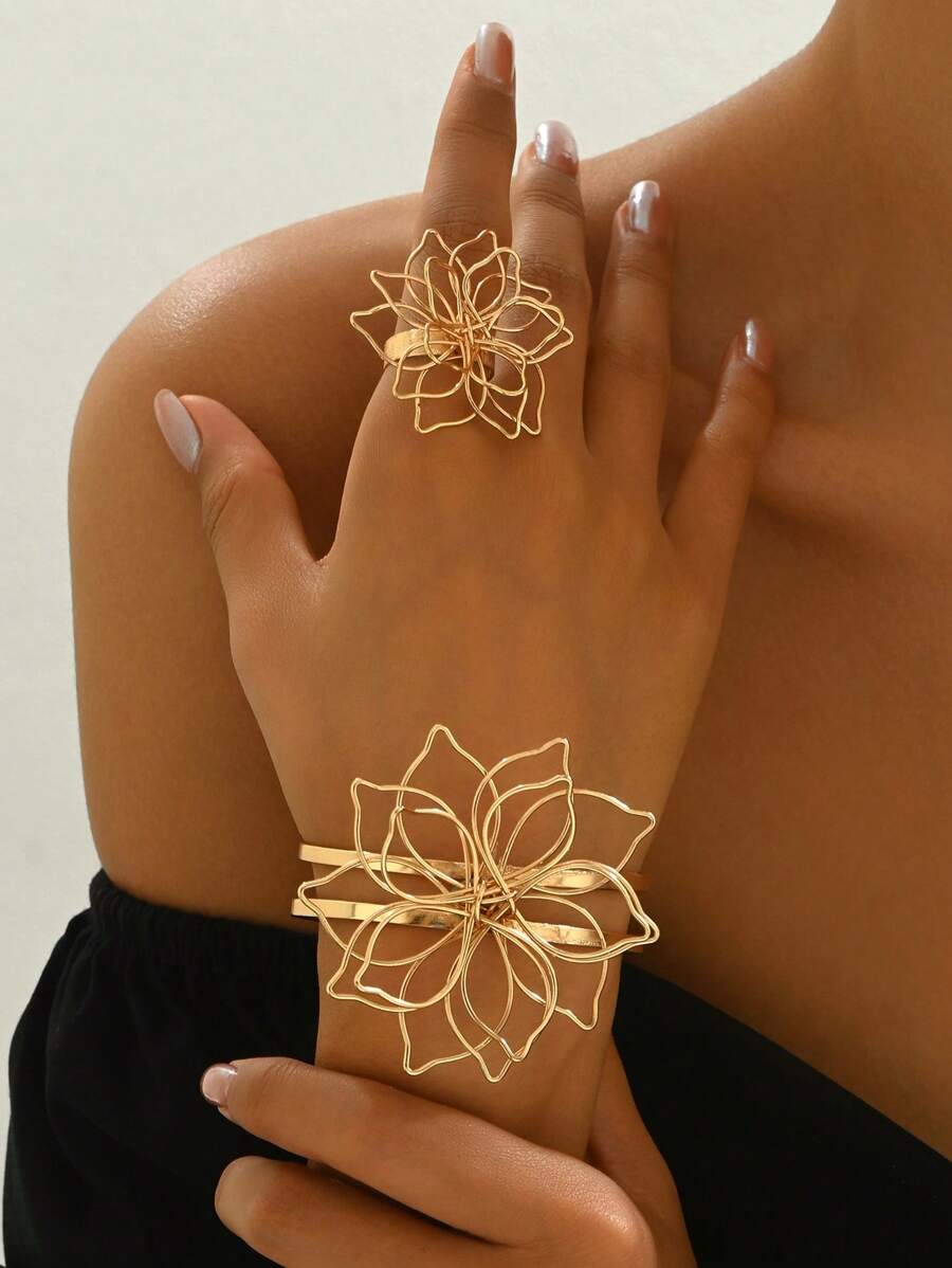Conjunto de 2 peças/conjunto de pulseira e anel de arame floral, joias da moda