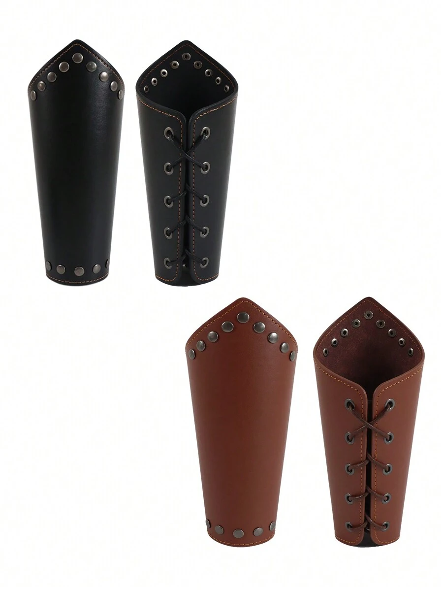 2pcs Brown/Black Medieval Retro Knight Wrist Bracelet, Viking Period Costume Props, Party Costume Accessories Props Halloween
