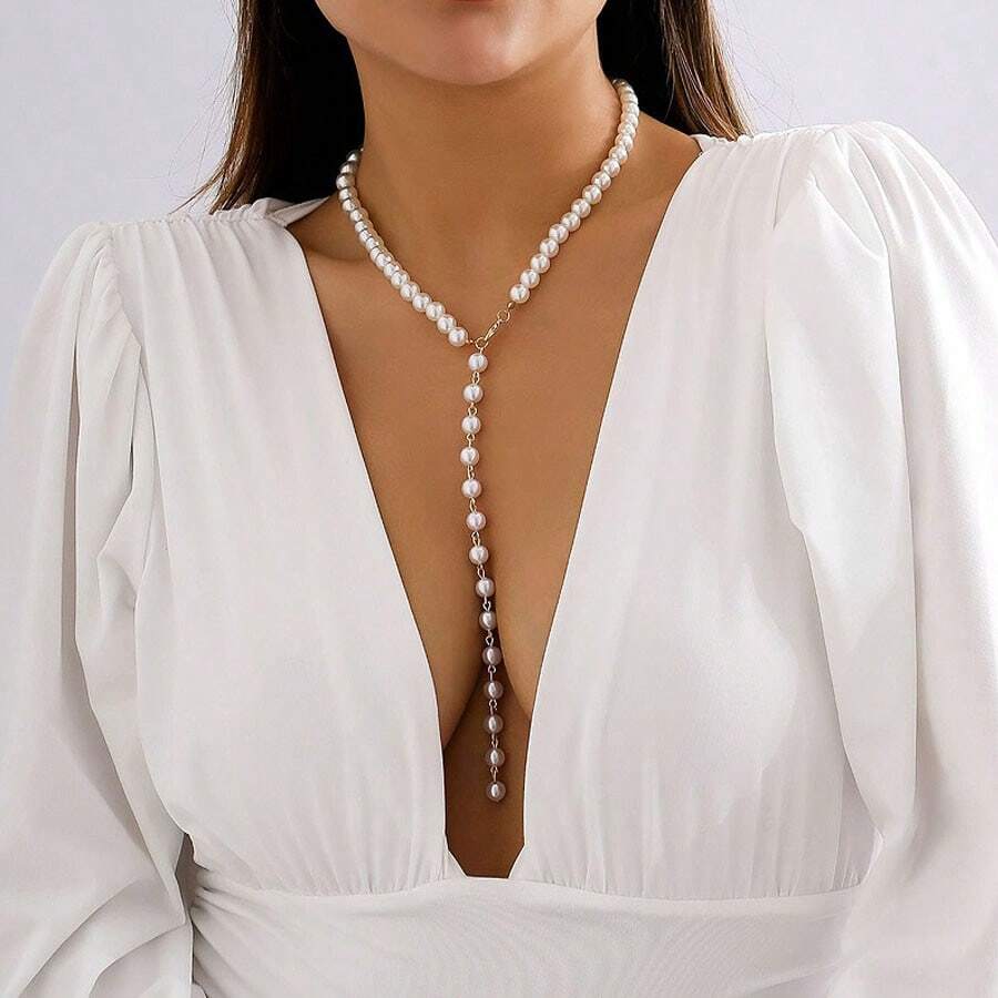 1pc Y-Shaped Faux Pearl Versatile Beaded Long Tassel Necklace/Sweater Chain