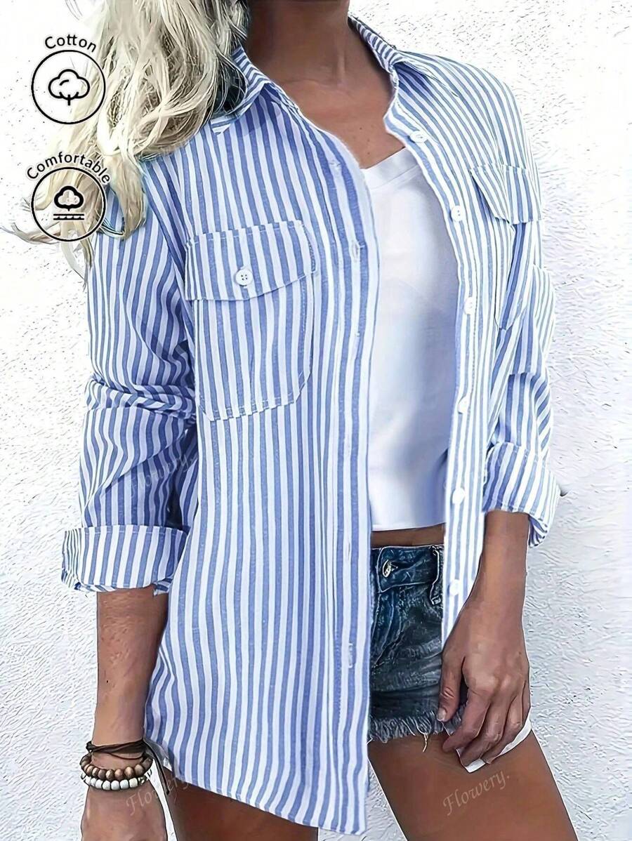 Nueva llegada Camisa de manga larga con botones y rayas para mujer - Mezcla suave, doble bolsillo, presillas para mangas, lavable a máquina - Uso casual para ir y venir y los fines de semana en todas las estaciones - Adecuado para el uso casual de primavera y otoño