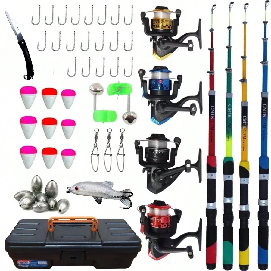 Kit Pescaria Completo 4 Varas e 4 Molinetes + Maleta com Acessórios como Iscas, Anzol, Boia e mais