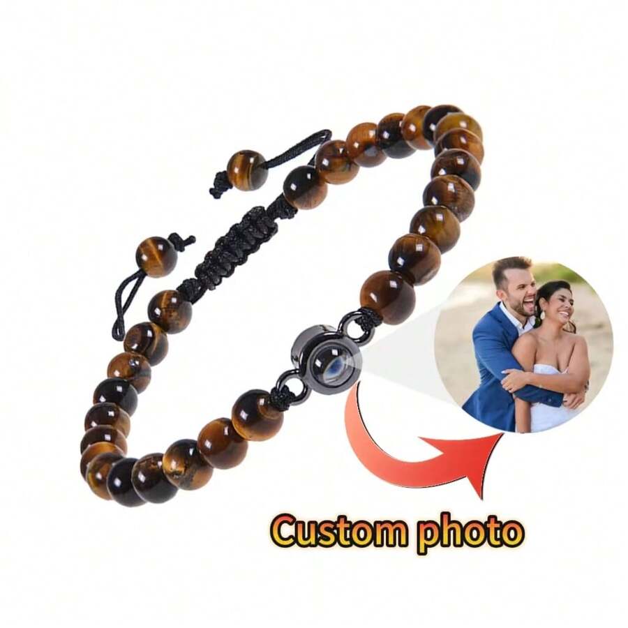Bracelete em Aço Inoxidável com Projeção de Foto de Contas de Pedra Personalizado para Homens, Presente de Natal para Casais e Família, Estiloso, Colorido, Vintage, Simples, Unissex, Casual, Fofo, Personalizado, Único, Presente Ideal para Ele, Presente Ideal para Ela, Dela, Namorado, Namorada, Pai, Mãe, Família, Amigos, para Aniversários, para Formatura, para Festas, Joias em Aço Inoxidável