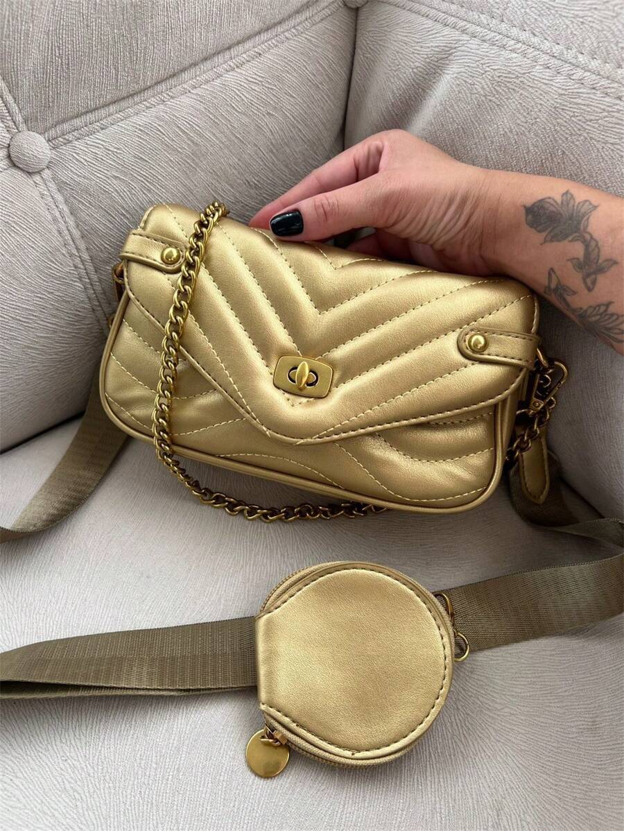 Baguette And Crossbody Bag With 2 In 1 Strap With Coin Case Fashion Pu With Metal Lock With Chain