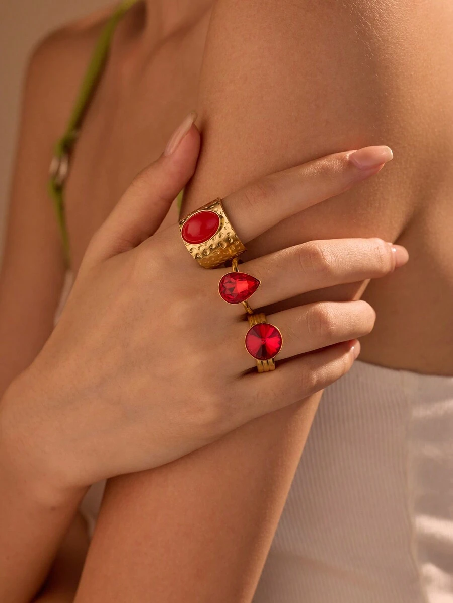 Set de 3 anillos de acero inoxidable con piedras de zirconia roja en forma de lágrima, redonda y óvalo de turquesa, en tono dorado de moda exagerado, adecuado para decoración diaria de mujer o como regalo