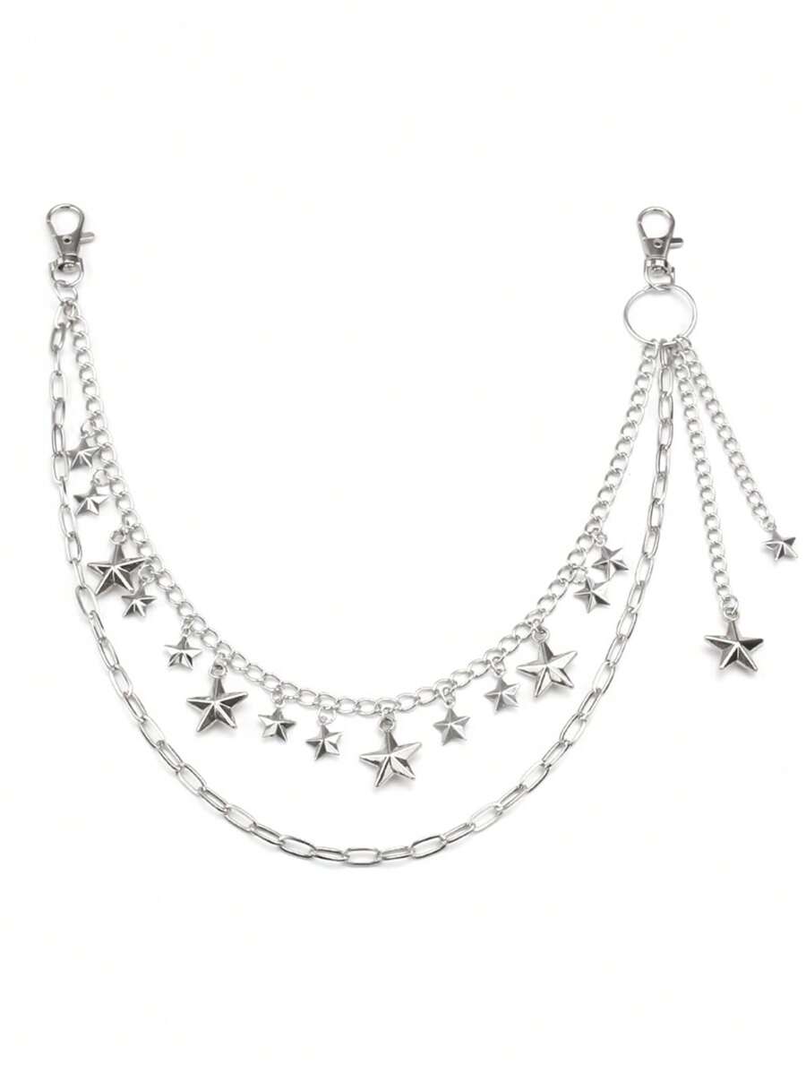 1pc Silver Double Layer Star Pendant Jeans Chain, Fashion Street Punk Goth Metal Chain Decorative Accessories Summer, School