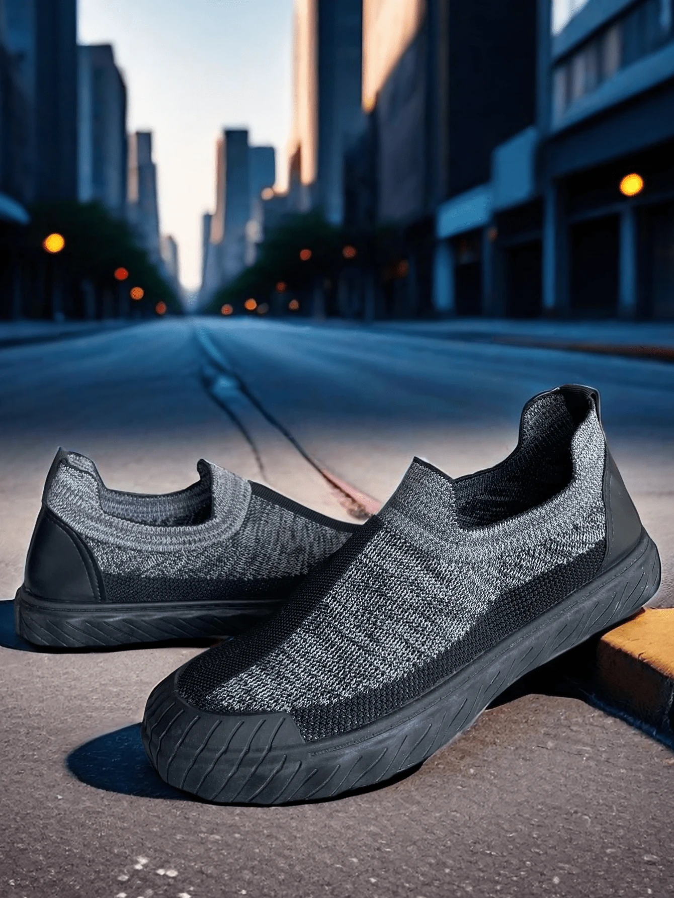 Men's Contrast Color Black And Grey Slip-On Breathable Knit Casual Sneakers, Lightweight And Comfortable