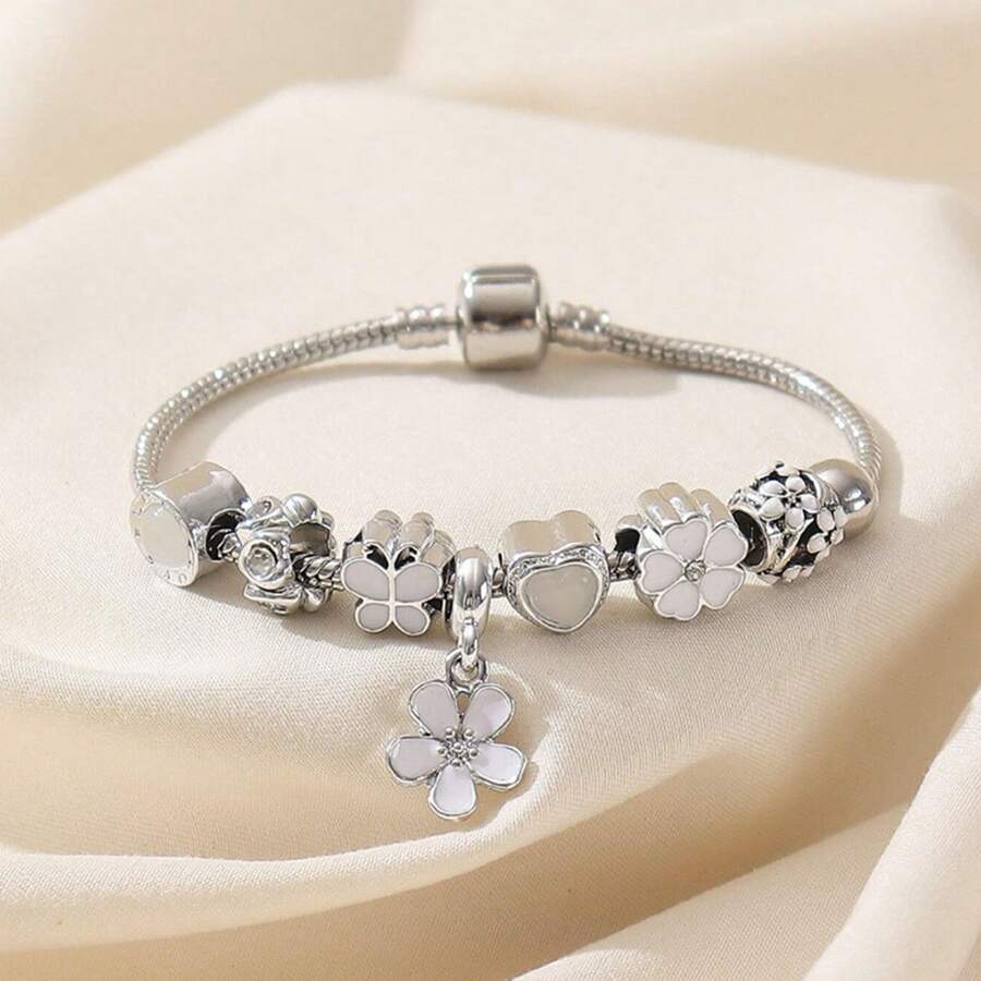 1pc Elegant Luxury Rhinestone Bracelet, White Flower Butterfly Beaded Charm Bracelet Valentines,Mom,Mother,Mother's Day,Gift