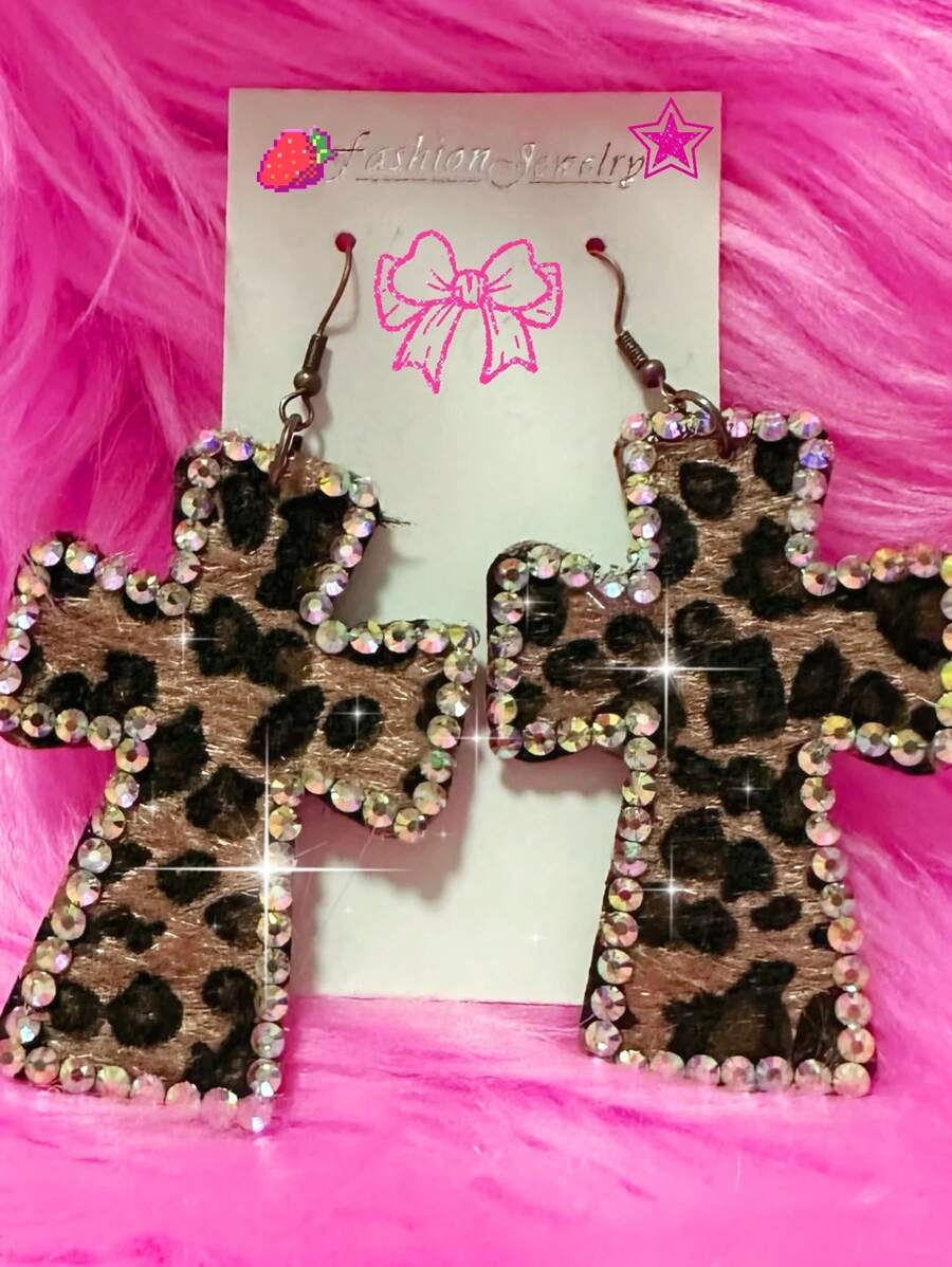 1 par de pendientes de cruz con estampado de Leopardo rosa brillante de cristal Y2K, accesorios de joyería gótica vintage, regalo punk de Halloween
