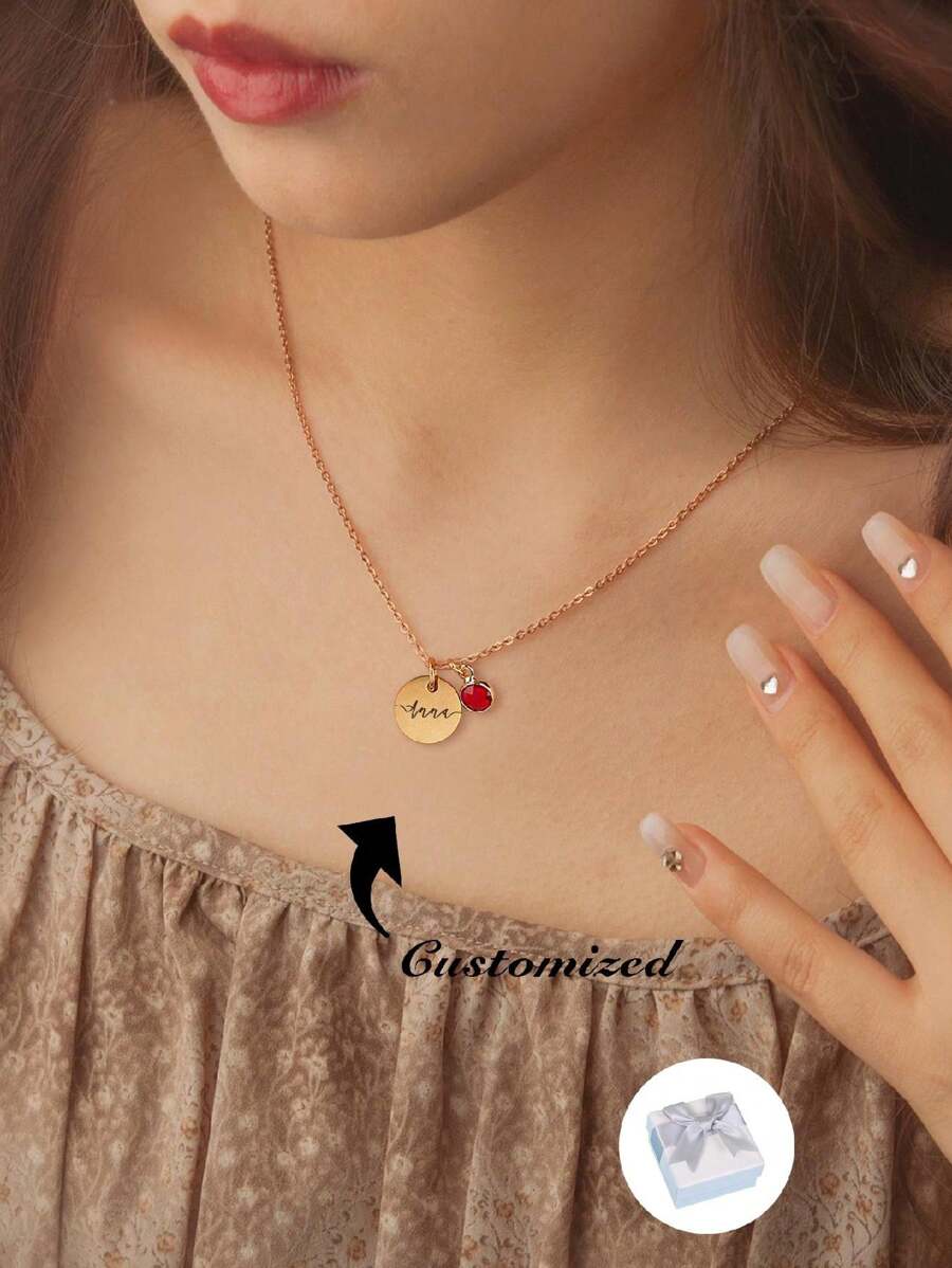 Colar com pingente redondo personalizado com nome e pedra de nascimento para mulheres, colares femininos de barra de aço inoxidável para presente, uso diário