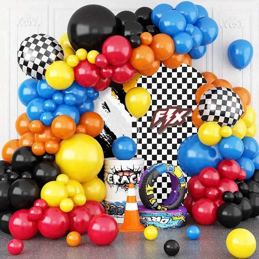 118 peças Conjunto de Guirlanda e Arco de Balões de Látex com Tema de Carro de Corrida em Preto, Amarelo e Vermelho para Decoração de Aniversário, Casamento, Festa Nupcial, Exterior, Bottom, Bar Doméstico, Suprimentos, Natal