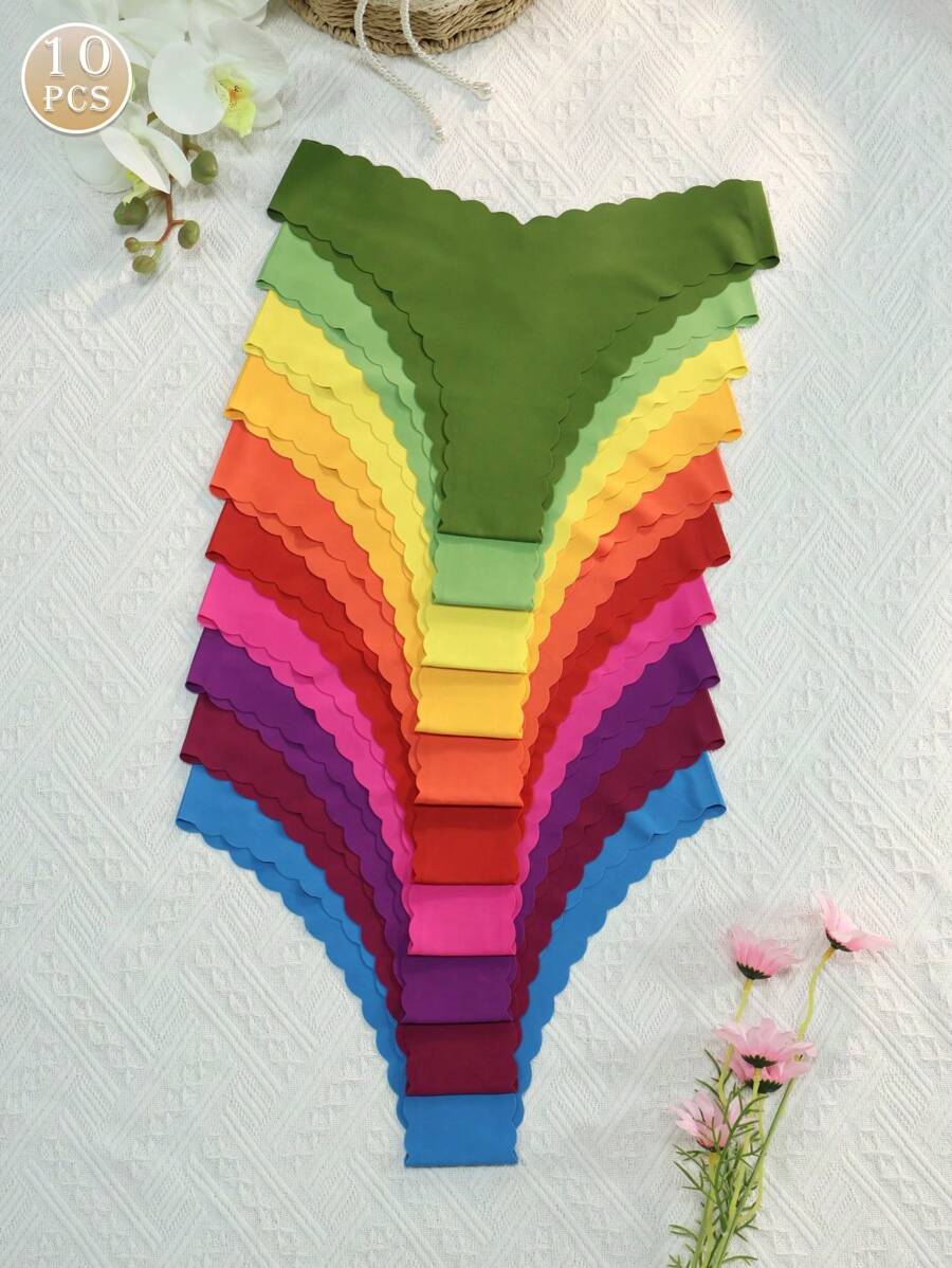 10pcs/Pack Women's Comfortable Sexy Floral Printed Panties With Wavy Edge