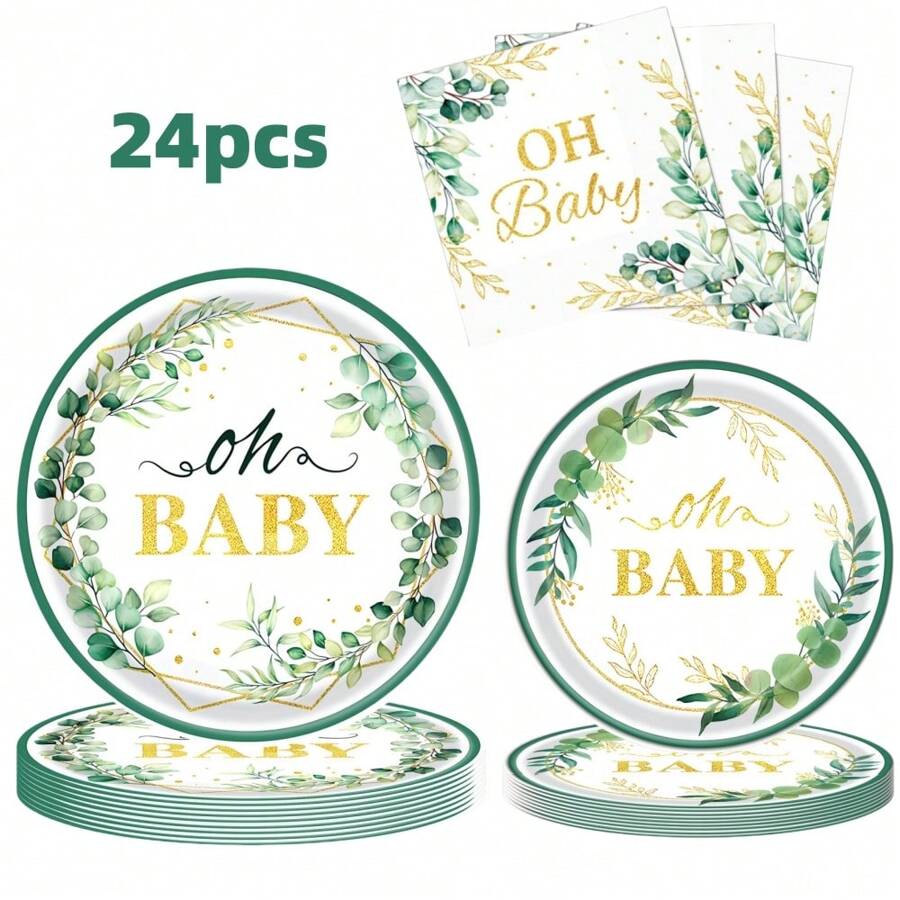 24pcs Oh Baby Paper Plates Napkins Supplies Set, Sage Greenery Baby Shower Party Supplies, Cake Dessert Plates, Eucalyptus Disposable Tableware Decorations Party Platters, Dish Tray For Boys Girls Birthday, 24 Guests, Christmas Party Christmas Decor Christmas Decorations Christmas Gifts And Decor Decorations S