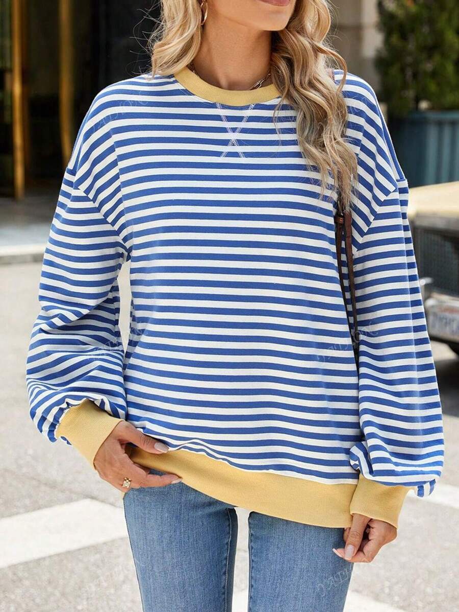 Loose Fit Striped & Floral Print Crew Neck Long Sleeve Patchwork T-Shirt Sweatshirt, Casual Spring/Autumn,Long Sleeve Tops