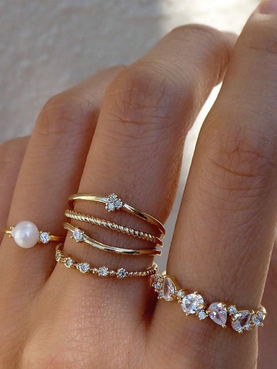 6pcs Diamond Set Pearl Row Diamond Twist Ring For Women's Daily Wear