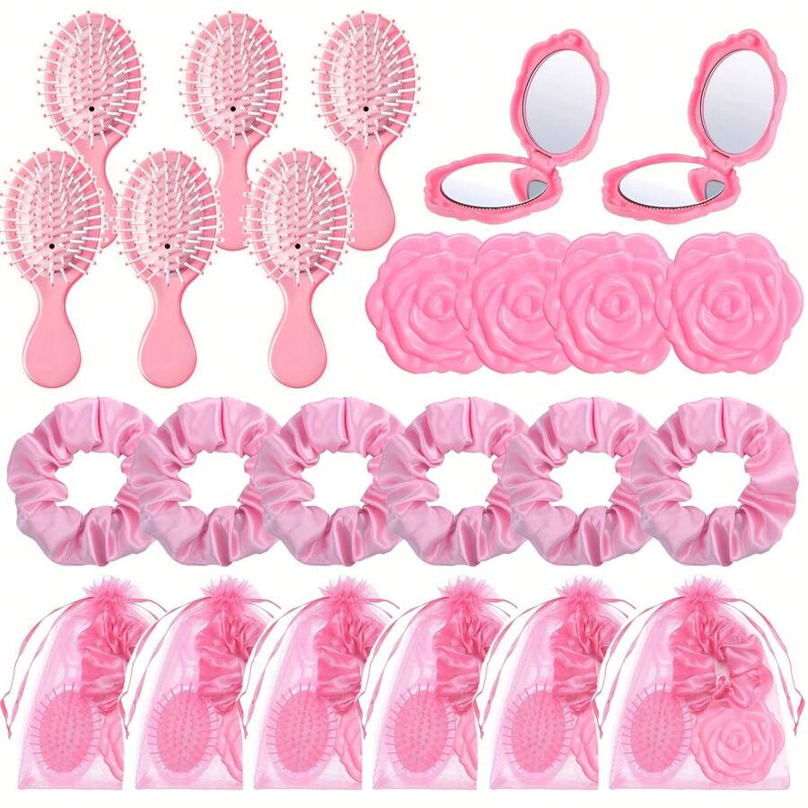 24pcs/Set Bridal Shower Favors,Hair Brush+Scrunchies+Cosmetic Mirror+Organza Bags, Hair Accessories For Wedding, Bridesmaid, Proposal, Birthday, Gender Reveal Parties - Pink Party Favors,