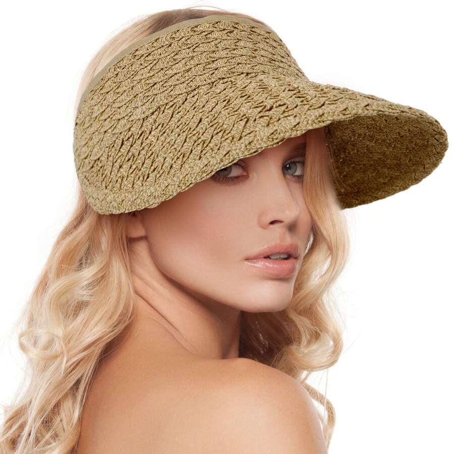 Women's Wide Brim Sun Hats Roll-Up Foldable Straw Golf Visor Hat