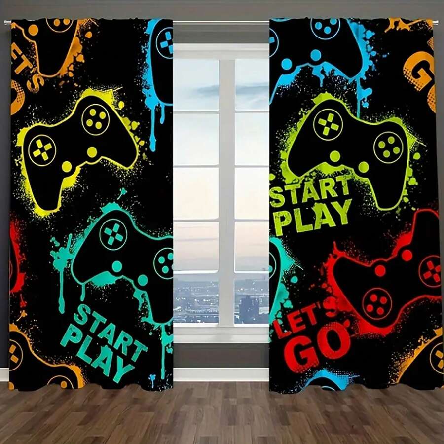 2 pièces Rideaux semi-transparents imprimés de contrôleur de jeu sur fond noir, panneau de polyester avec œillets pour décoration de salle de séjour, salle de jeu, chambre à coucher, fournitures pour fête de cuisine