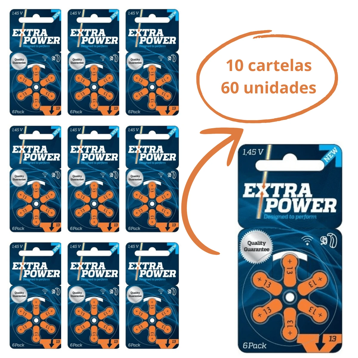 60 Baterias / Pilhas para Aparelho Auditivo - tamanho 13 - EXTRA POWER