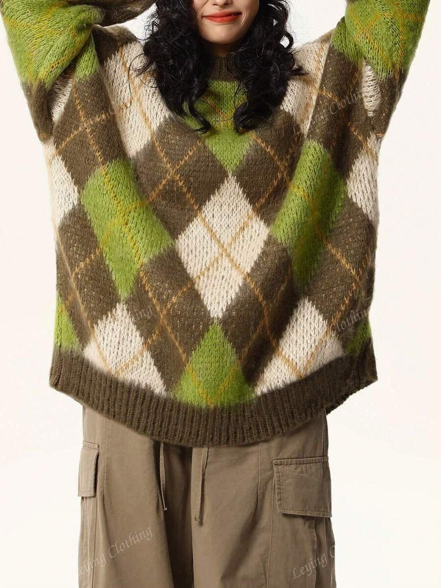 Suéter holgado de punto estilo retro de cuello redondo para mujer, otoño/invierno