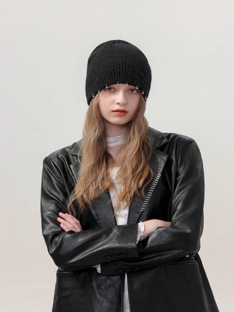 1pc Ear Protection Casual Unique Solid Color Beanie Hat, Acrylic Yarn Ball Embellished Knit Hat With Metallic Thread, For Autumn/Winter Street, Party Wear