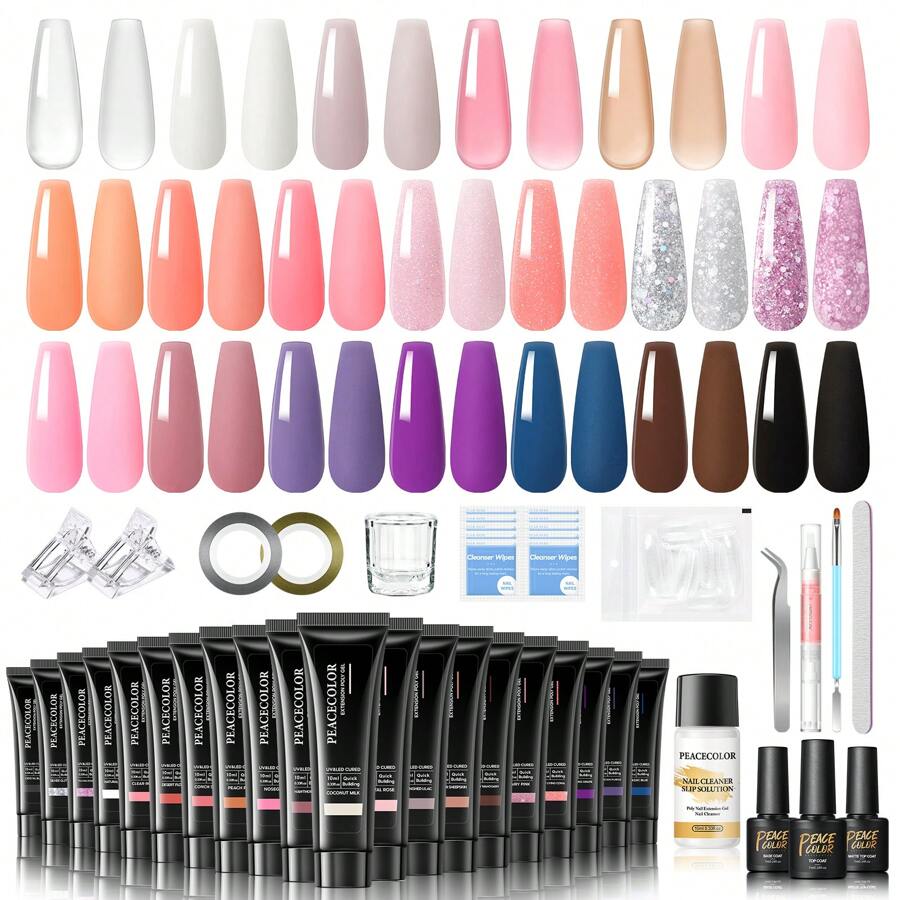 35PCS Poly Gel Nail Kit 20 Colors Nail Extension With Slip Solution Kit Matte Base Top Coat For Beginners Poly Gel Kits Nail Art DIY Manicure Tool Kit(Nail File Random Shipment)