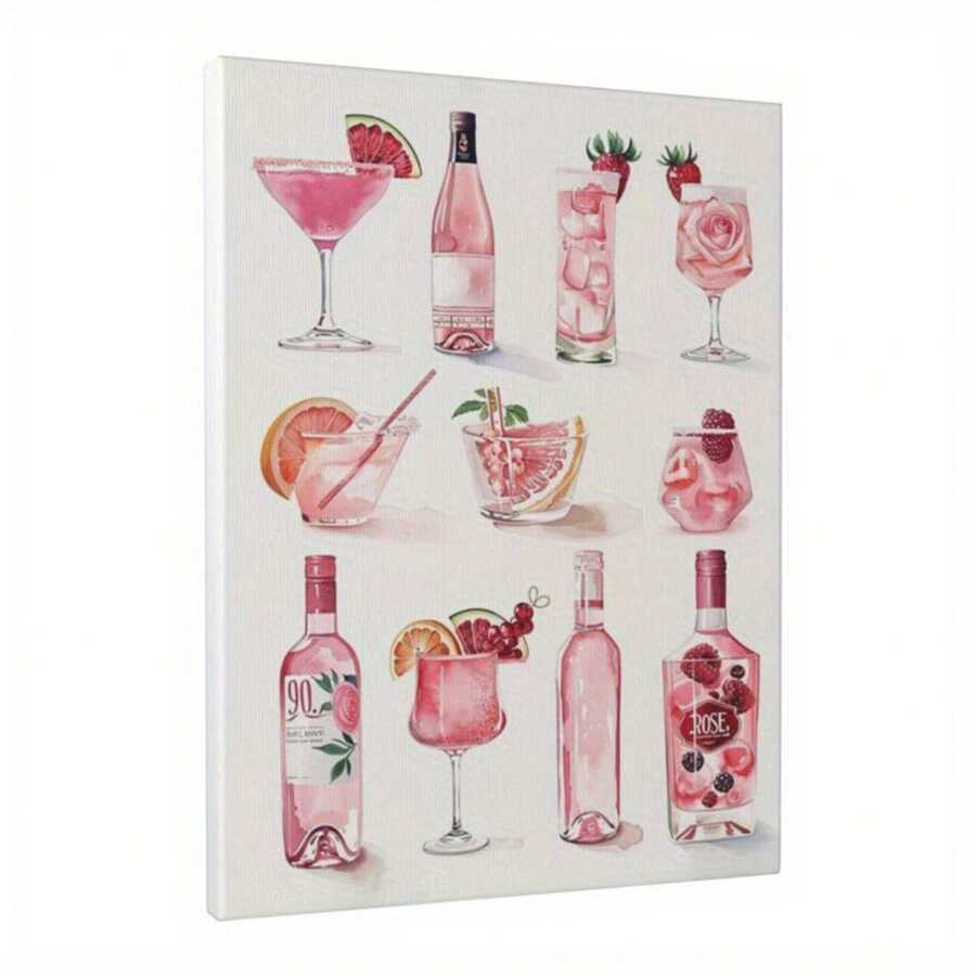 1pc Canvas Hanging Art Easy To Hang Holiday Cocktail Art: Pink Wine Bottle And Glass Collectible Wall Decor,Wall Art,Poster Room Decor