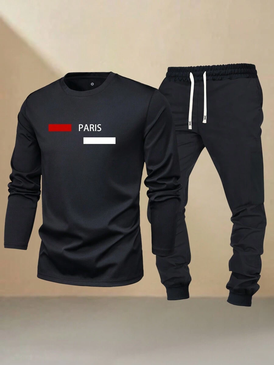 2 pezzi Set di Maglietta a maniche lunghe e pantaloni della tuta da uomo, vestibilità regolare, per primavera e autunno, con stampa grafica, casual e comodo, con tasche e vita con cordini