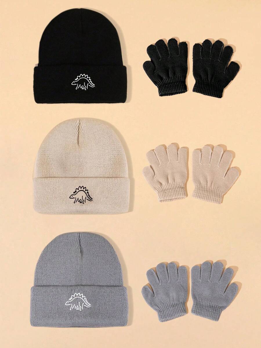 6pcs/2pcs Baby & Kid Dinosaur Print Knit Hat And Gloves Set, Warm And Cute Baby Hat And Fingerless Mittens, Suitable For Daily Outdoor Use In Autumn And Winter, Great As Birthday Gift For Son Or Daughter