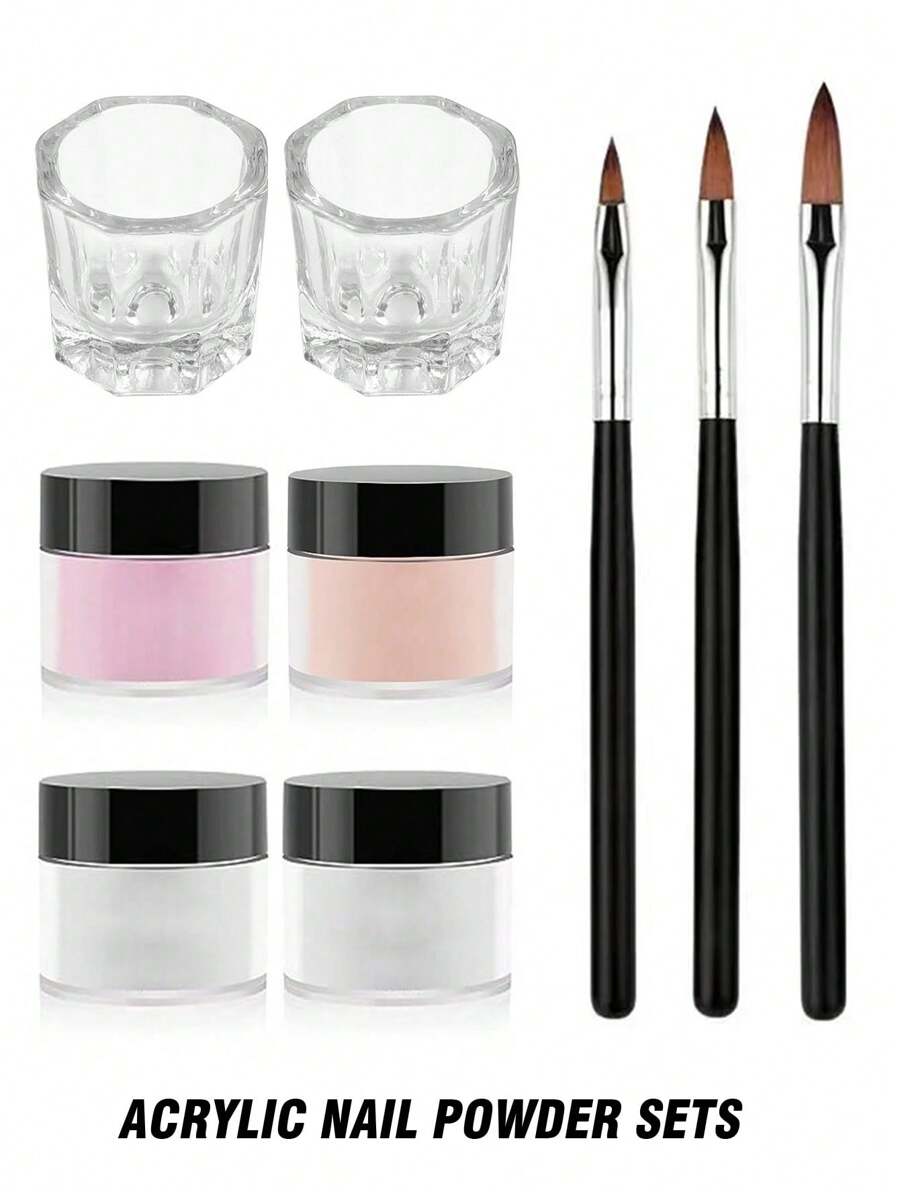 Kit d'ongles en acrylique - Poudre acrylique et set de pinceaux professionnels pour la décoration des ongles en acrylique pour extension des ongles pour les débutants DIY à la maison, poudre acrylique avec 3 pinceaux pour décoration des ongles et 2 gobelets/contenants pour nettoyer les pinceaux, outils pour la décoration des ongles, pour le salon de manucure, manucure à la maison
