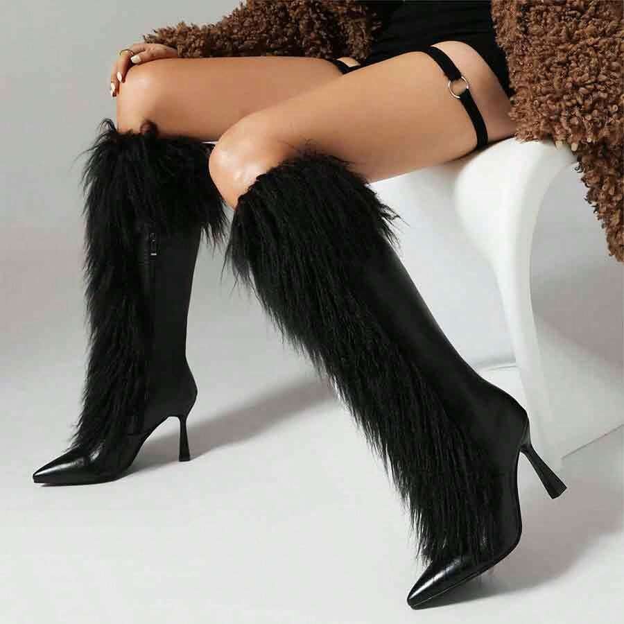Women's Pointed Toe Thigh High Boots, Sexy High Heel Shiny Black Leather Boots
