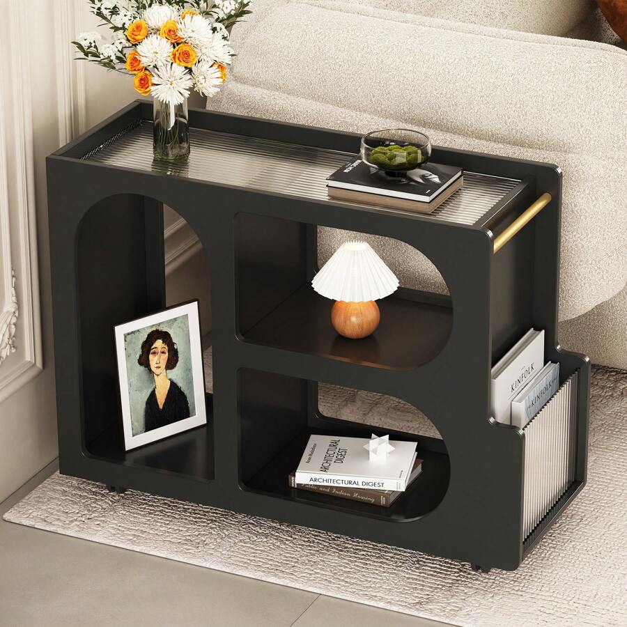 Anwick Mobile End Table With Lockable Wheels, Narrow Coffee Table With 5mm Thick Fluted Tempered Glass, Modern Nightstand With Golden Round Rod, Living Room, Black, 31.5''W X11.8''D X 23.1''H