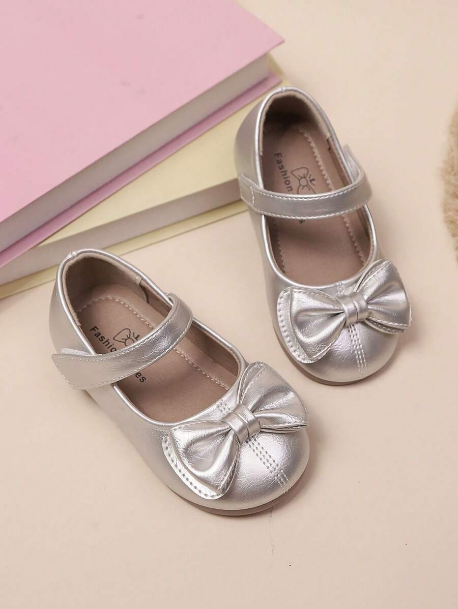 1 Pair Girls Bowknot Round Toe Shiny Sweet Cute Princess Style Flat Shoes Suitable For Banquet Parties Spring & Autumn