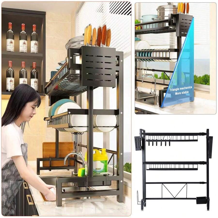 Égouttoir sur l'évier, télescopique, étagère à vaisselle deux niveaux grande capacité, support d'organisation pour évier, étagère de rangement pour plans de travail de cuisine pour assiettes, bols, casseroles, noir