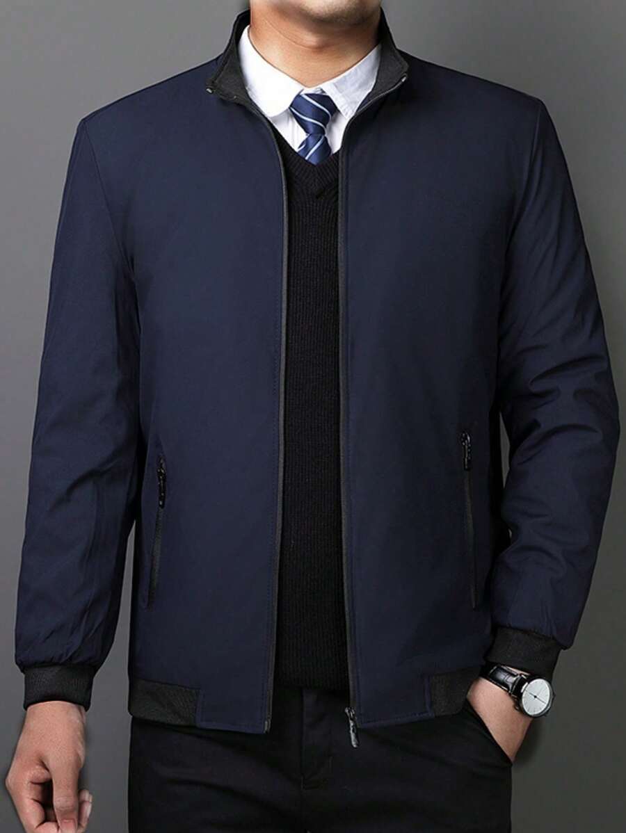 Chaqueta informal de manga larga con cremallera de unicolor para hombre