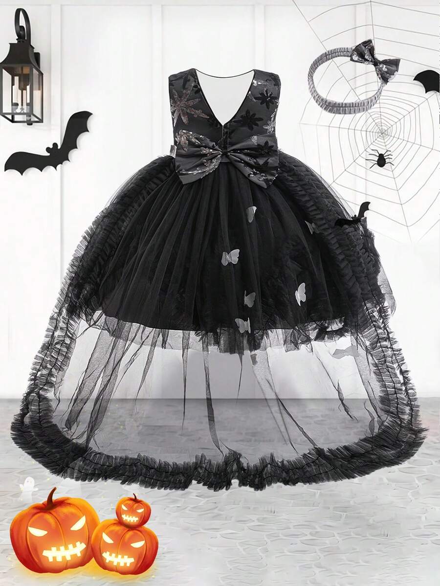 Meninas Preto Lantejoulas Malha Destacável Trem Elegante Princesa Traje Vestido Com Faixa De Cabelo, Adequado Para Festa De Halloween