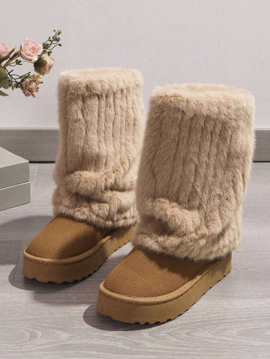 Botas de nieve forradas de felpa y cremosas de plataforma, zapatos de invierno casuales y cálidos para mujer