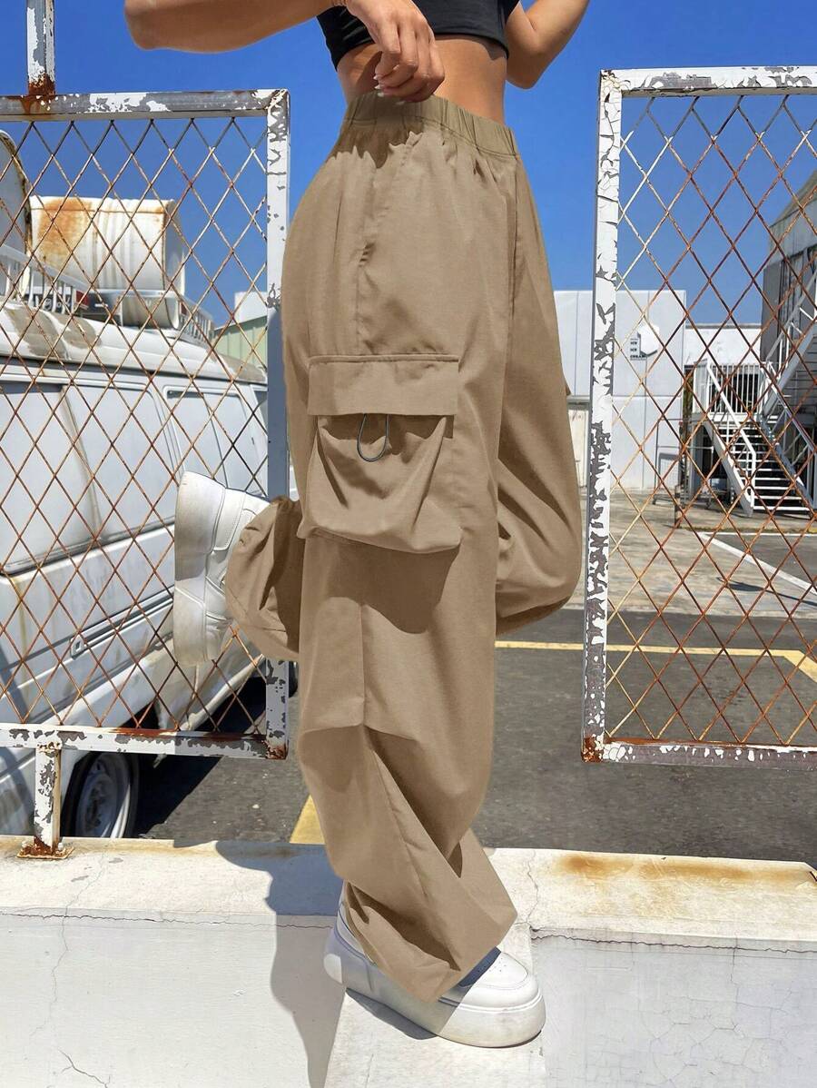 1pc Teen Girls Loose Flap Pocket Side Drawstring Cargo Pants, Suitable For Spring, Summer And Autumn/Winter