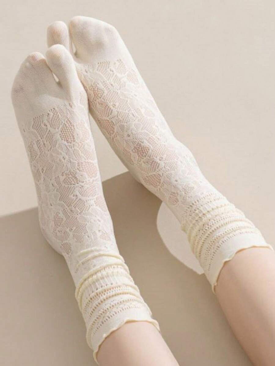 1 par de calcetines de dos dedos con estilo japonés Majilaloryta con ribete de encaje para mujer