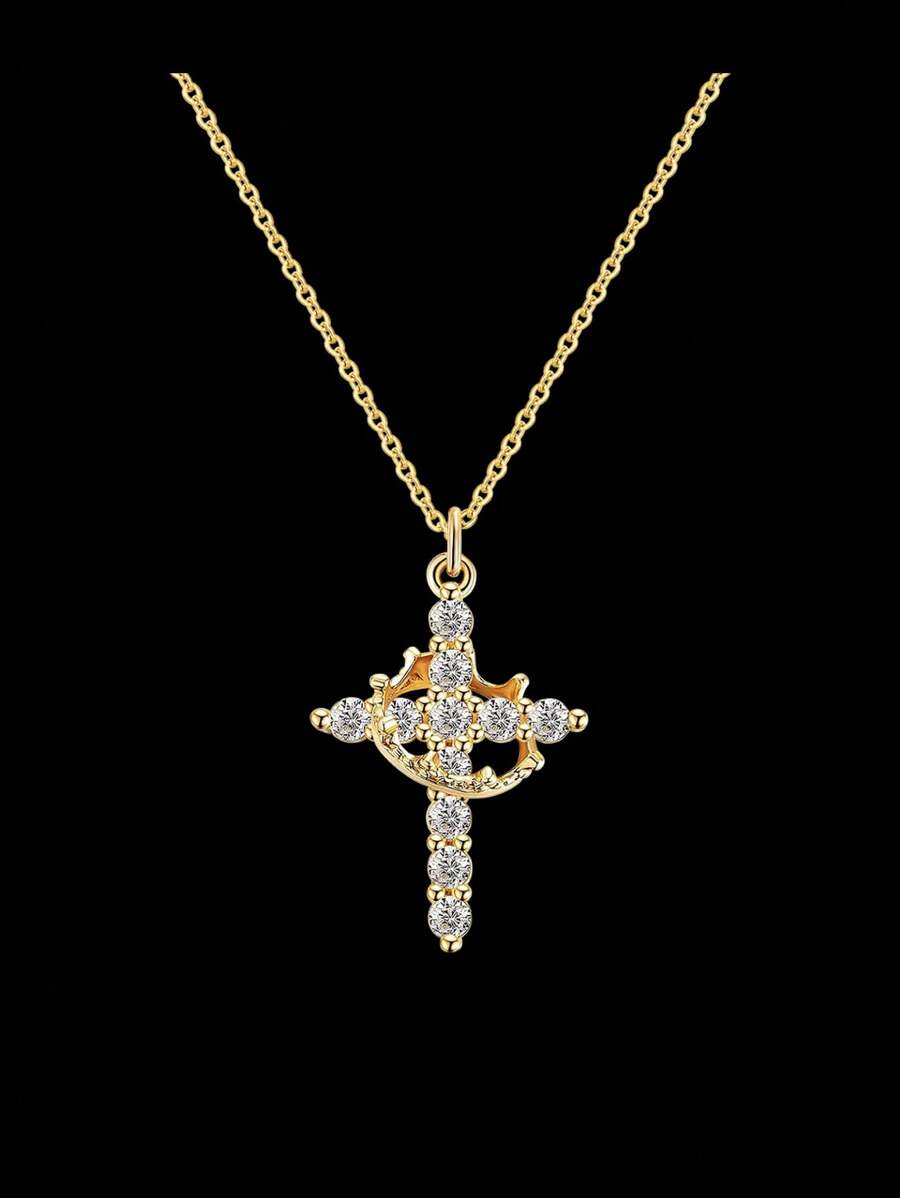 CCO 1pc Cross Pendant Crown Decor Chain Necklace, Holiday Gift