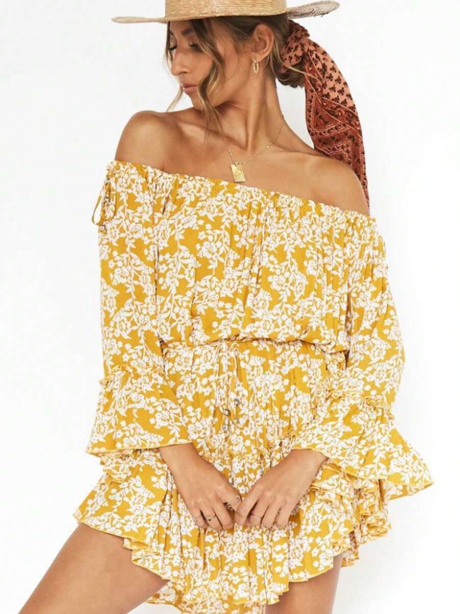 Women's Off Shoulder Floral Print Dress With Balloon Sleeves And Ruffle Hem