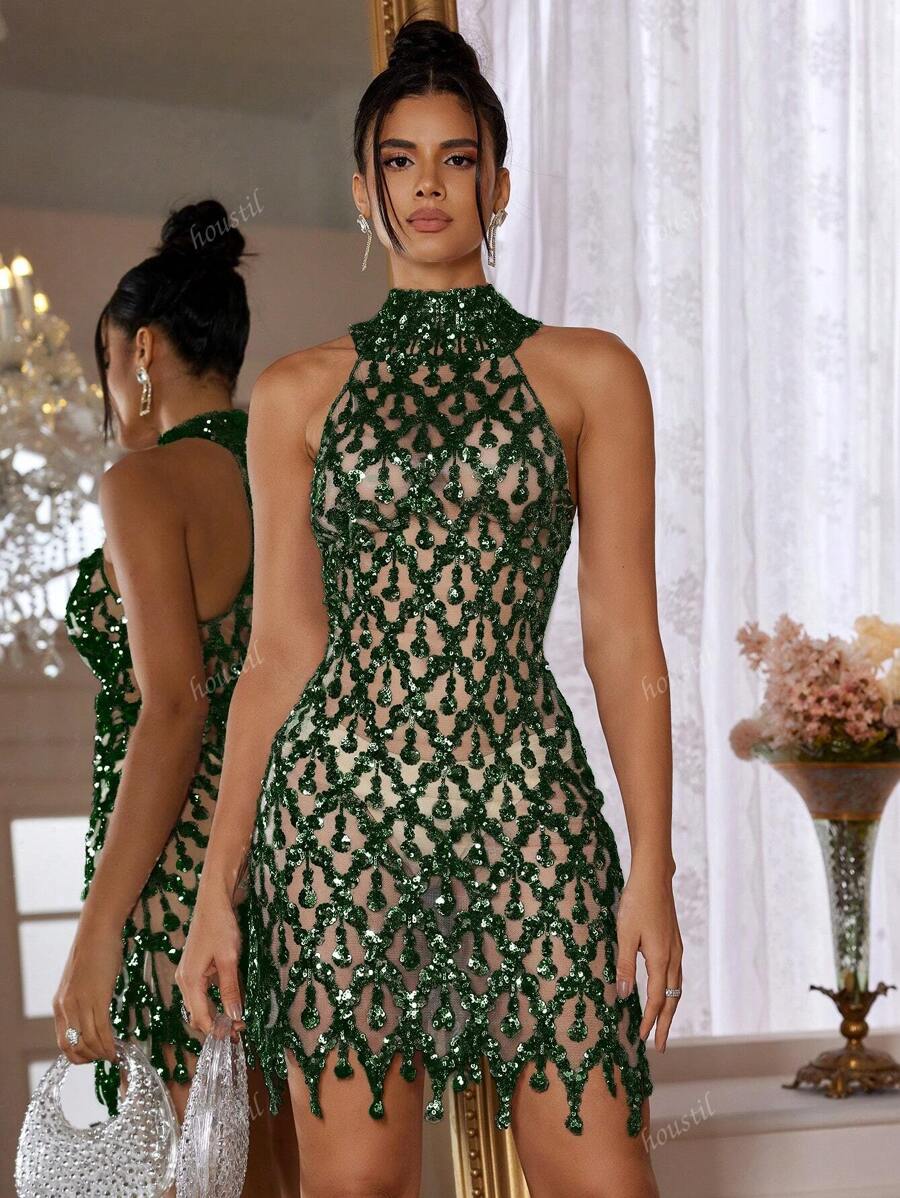 Vestido de noche con cuello halter, de malla con lentejuelas y silueta ajustada