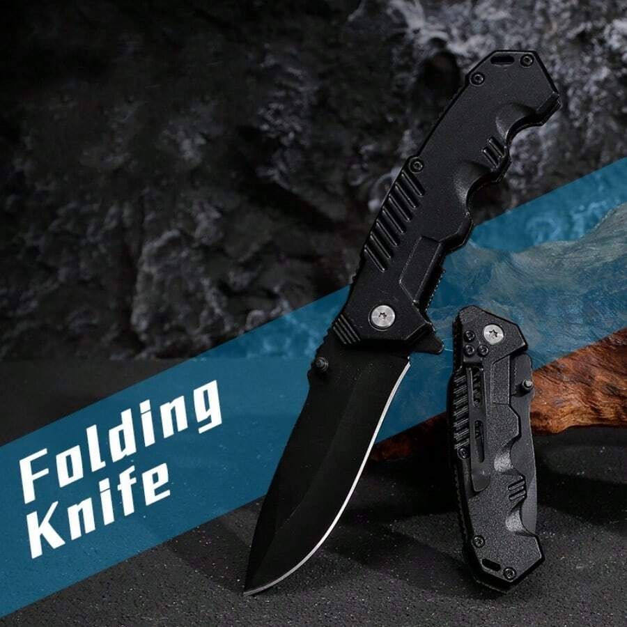Stainless Steel Pure Black Folding Knife Is Suitable For Outdoor Camping, Hiking, Fishing And Other Activities. It Is A Great Gift For Family And Friends
