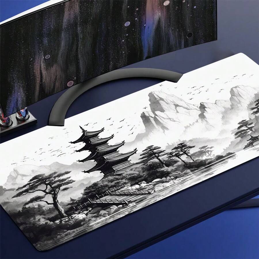 1 Peça Mousepad de Arte Preto e Branco Estilo Chinês Pintura a Tinta Grande Mousepad Gamer Tapete de Teclado Tapetes de Mouse XXL Tapete de Mesa de Borracha Design