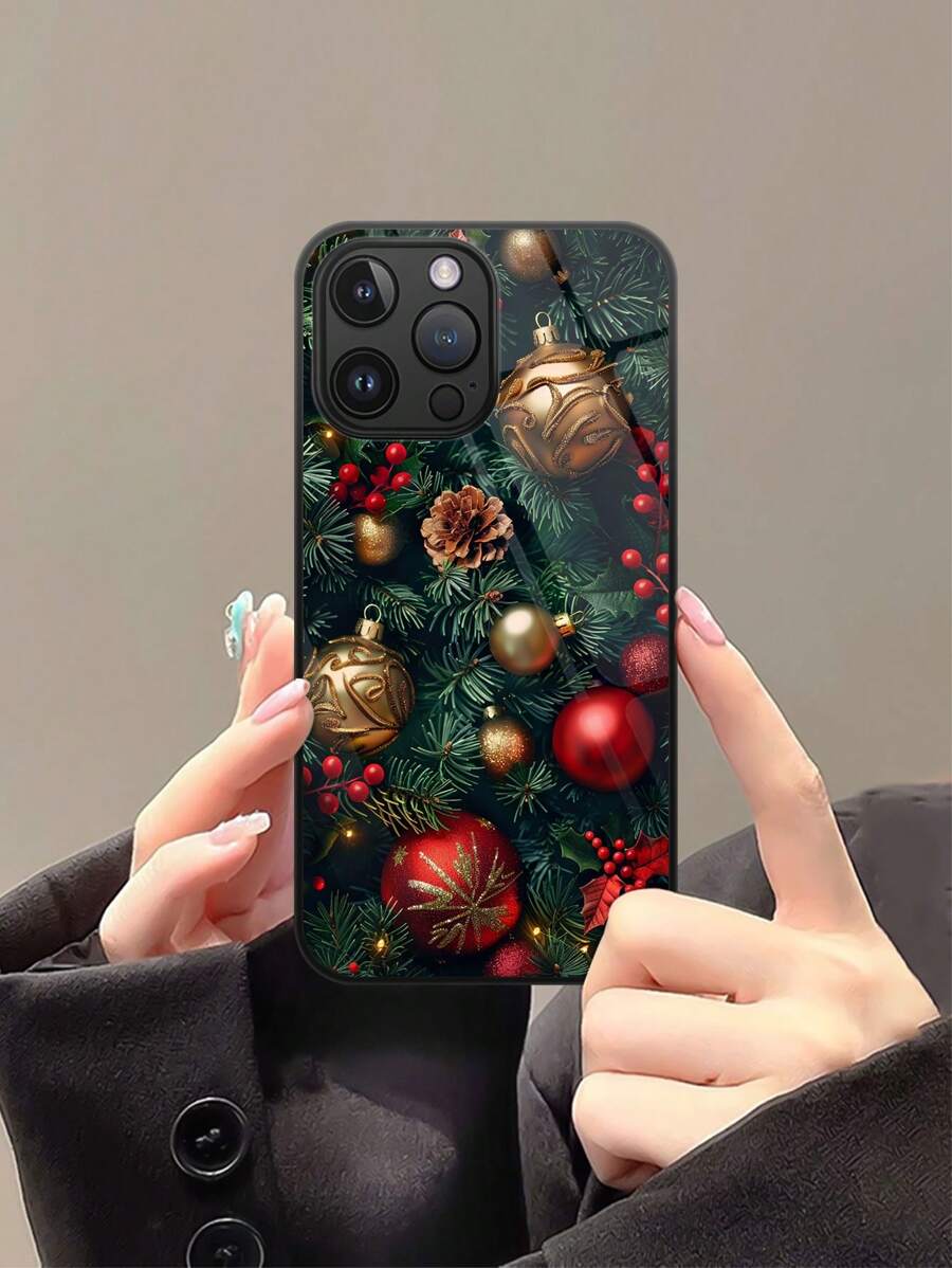 1 pieza Funda de teléfono de vidrio de alta definición con diseño de árbol de Navidad y campana compatible con Apple iPhone 16 Pro Max/16 Pro/16 Plus/16 y Galaxy A55/A54/S24/S24 Plus/S24 Ultra/S24 FE