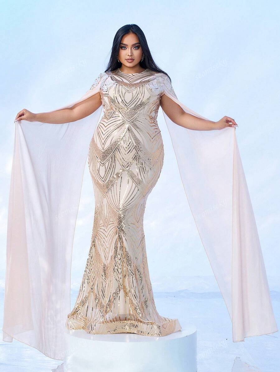 Plus Size Women's Flounce Sleeve Beaded Bodycon Fishtail Dress For Evening Party, Elegant Formal Prom Gown, For Wedding Guest, Graduation, Dinner