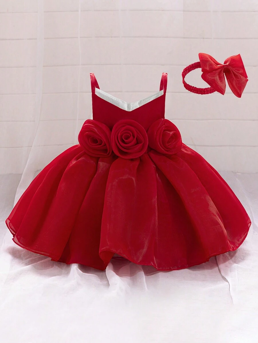 Robe élégante à fleurs 3D en satin et maille de couleur unie pour bébé fille, convient pour les sorties, l'extérieur, les fêtes d'anniversaire, cadeau avec accessoire cheveux