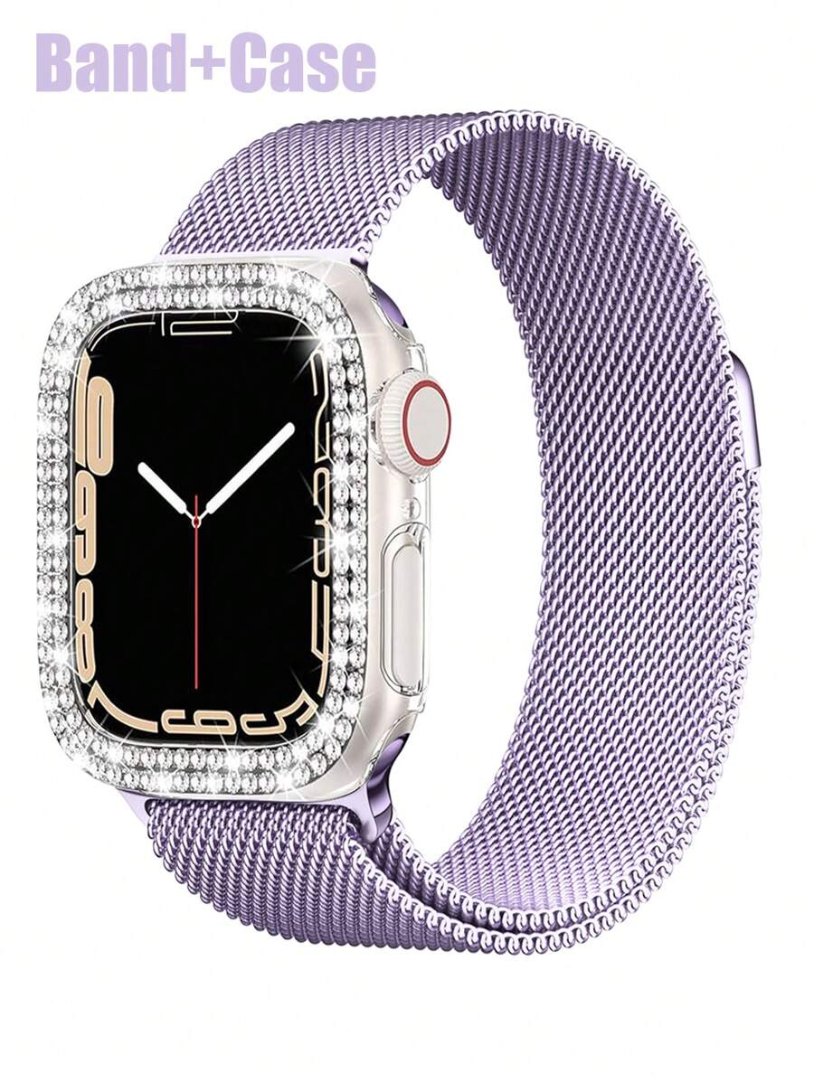 Conjunto de combinação de pulseira e capa compatível com , elegante, casual para negócios, para homens e mulheres, pulseira com fivela magnética trançada em formato de anel, macia e respirável + PC cravejado de strass brilhantes, antiqueda e resistente a arranhões