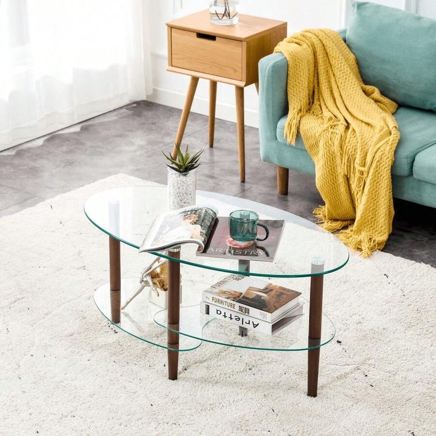 Transparent Oval Glass Coffee Table, Modern Table In Living Room Oak Wood Leg Tea Table 3-Layer Glass Table Ckonson9