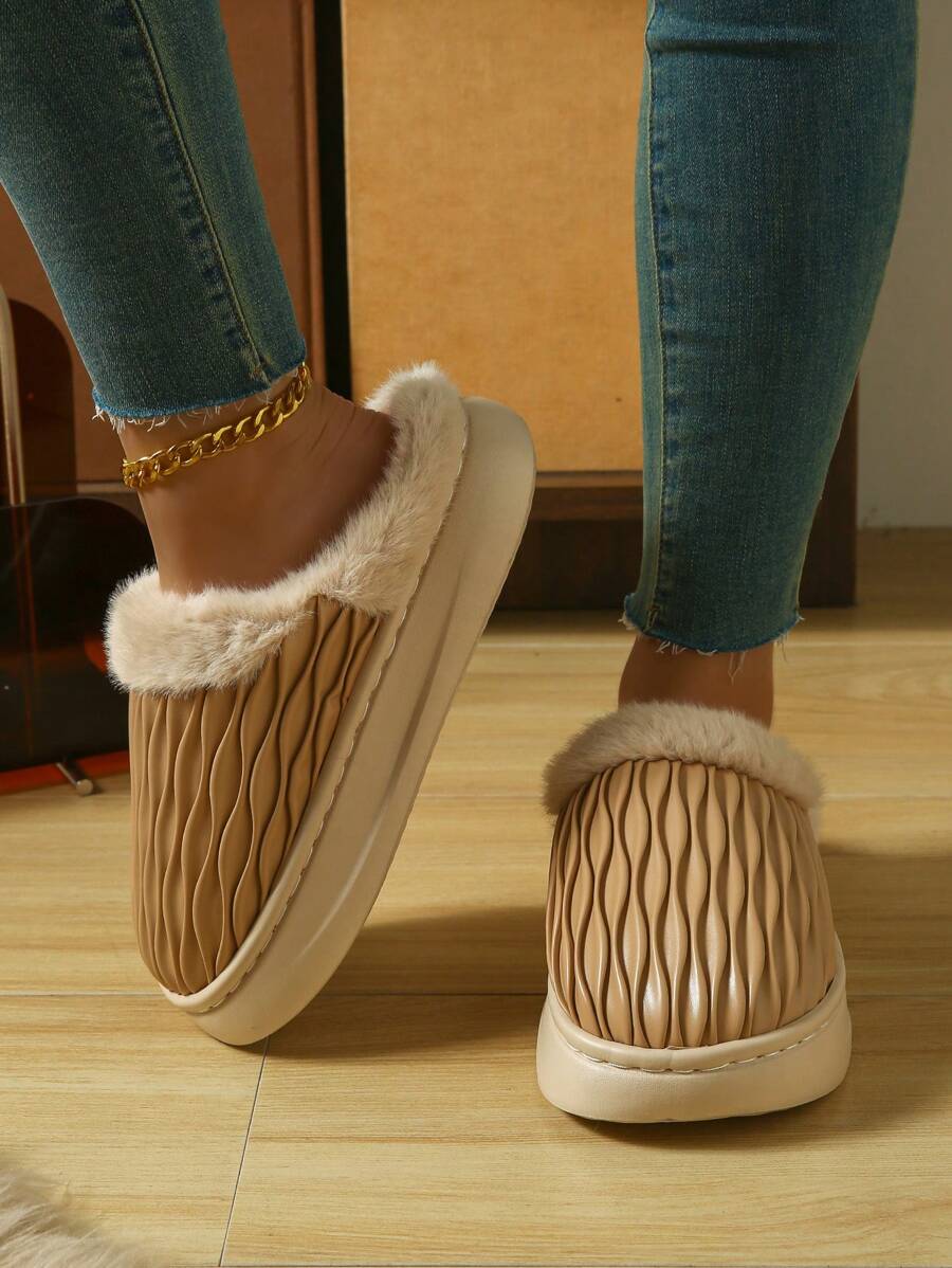 New Faux Leather Fluffy Slippers, Unisex Warm Indoor/Outdoor Wear For Fall/Winter Seasons