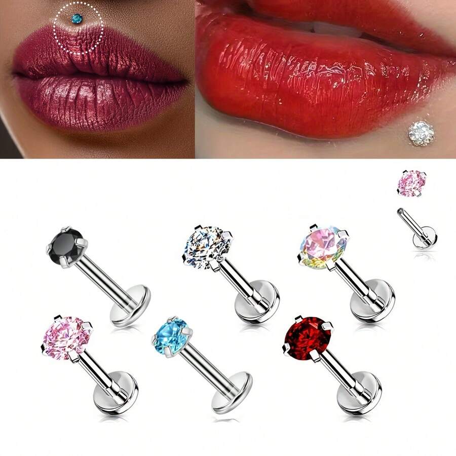 ADYJELY 1/5pcs Stainless Steel Hypoallergenic Inlaid Transparent CZ Lip Nails Nose Rings Studs 16G Internally Threaded Labret Medusa Lip Studs Conch Tragus Earrings Studs Red Pink Blue Black 3mm 4mm 5mm Piercing Jewelry Decoration For Women And Men
